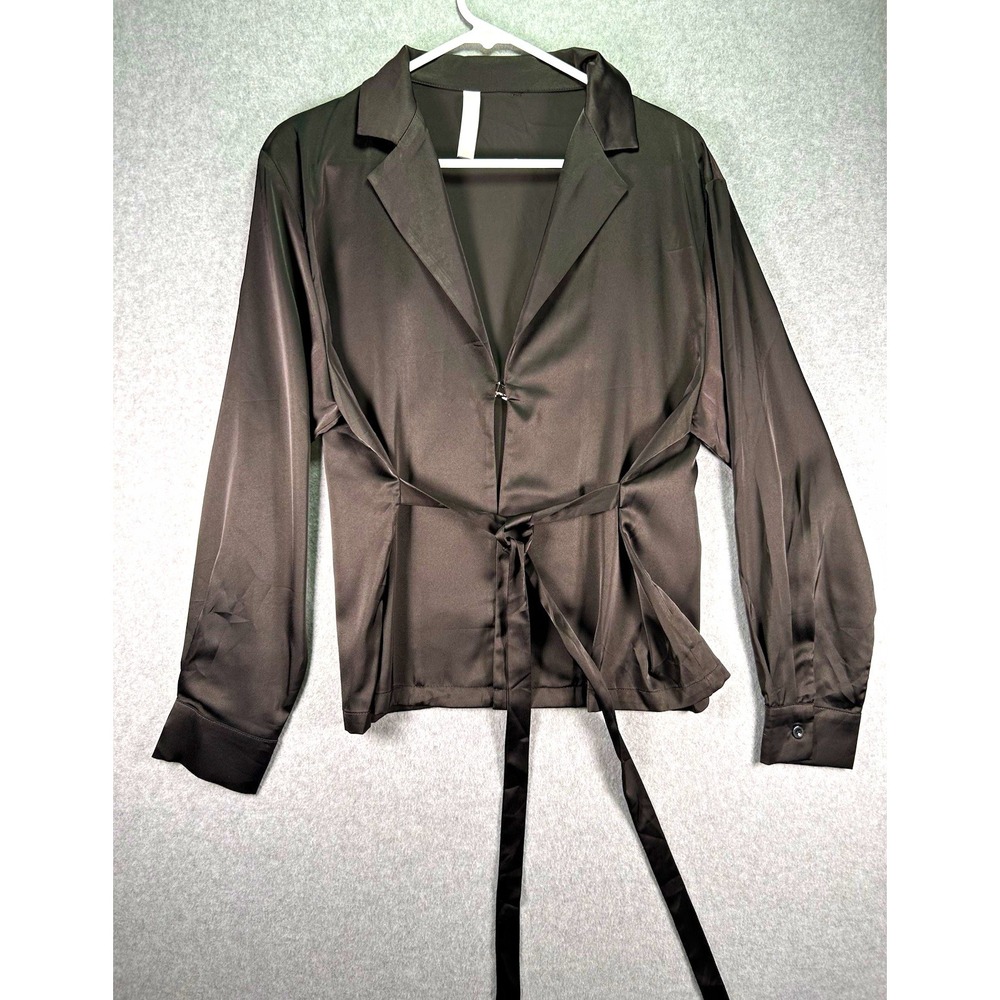 Commense Blouse Top Womens M Black Satin Tie-Front Long Sleeve